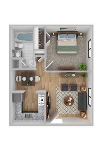 Floor Plan  A top down view of a small apartment with a bedroom, living room, kitchen, and bathroom.