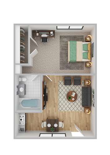 Floor Plan  A top-down view of a small apartment with a kitchen, living room, and bathroom.