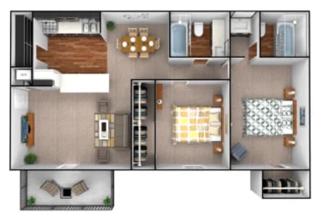 Floor Plan  a 3d floor plan of a house with furniture and a staircase