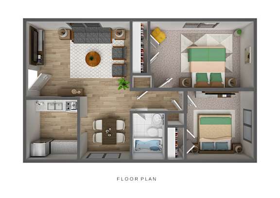 Floor Plan  A floor plan of a small apartment with a kitchen, living room, and bedrooms.