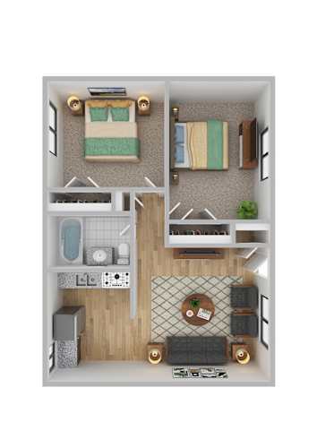 Floor Plan  A top-down view of a small apartment with a bedroom, living room, and kitchen.