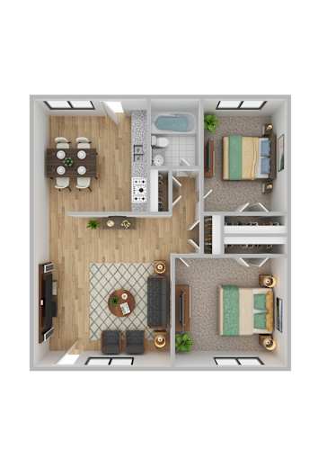 Floor Plan  A top-down view of a small apartment with a kitchen, living room, and bedroom.