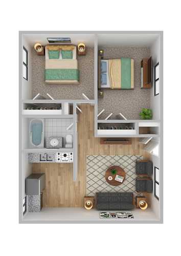 Floor Plan  A top-down view of a small apartment with a bedroom, kitchen, and living room.