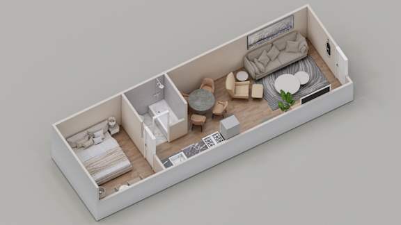 Floor Plan  A 3D rendered image of a small, modern, and minimalist bedroom layout.