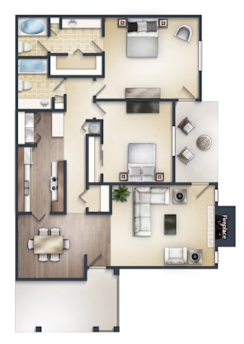 Floor Plan  A floor plan of a house with a kitchen, living room, and two bedrooms.