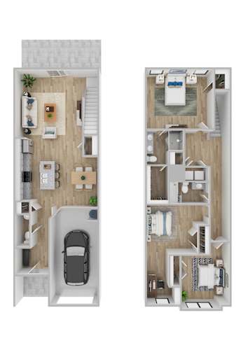 Floor Plan  A floor plan of a two-bedroom apartment with a garage.