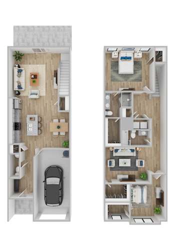 Floor Plan  A floor plan of a two-story apartment with a garage.