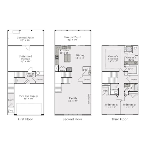 Floor Plan  A diagram shows three different floor plans for a house.