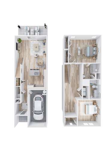 Floor Plan  A floor plan of a two-story apartment with a living room, kitchen, and bedrooms.