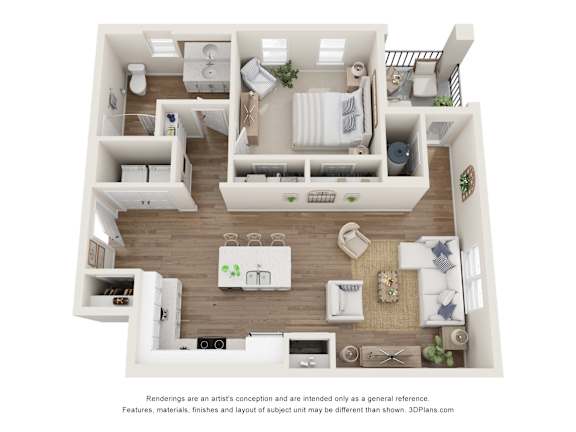 Floor Plan  A 3D floor plan of a house with a kitchen, living room, and bedrooms.
