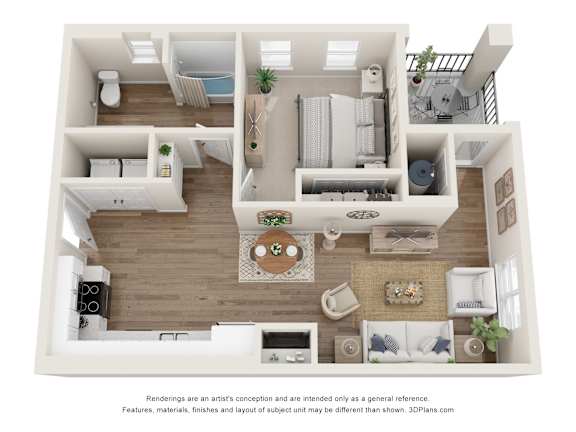 Floor Plan  a 1 bedroom floorplan is shown in this rendering