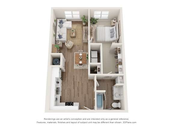 Floor Plan  A 3D floor plan of a small apartment with a kitchen, living room, and bathroom.