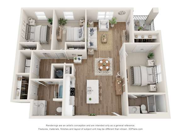 Floor Plan  A 3D floor plan of a house with a kitchen, living room, and bedrooms.