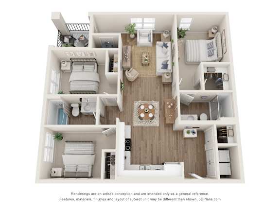 Floor Plan  A 3D floor plan of a house with a kitchen, living room, and bedrooms.