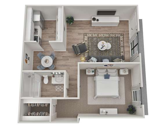Floor Plan  A top-down view of a small apartment with a kitchen, living room, and bathroom.