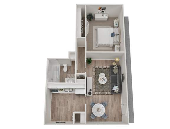 Floor Plan  A top-down view of a small apartment with a kitchen, living room, and bathroom.