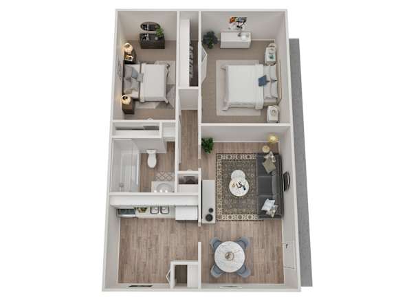 Floor Plan  A top-down view of a small apartment with a kitchen, living room, and bathroom.