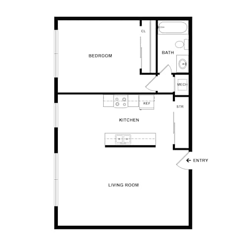Floor Plan  A floor plan of a small apartment with a bedroom, kitchen, bathroom, and living room.
