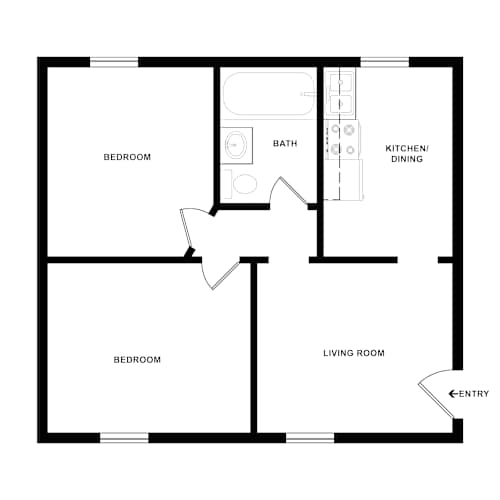 Floor Plan  A floor plan of a house with two bedrooms, a living room, a kitchen, and a bathroom.