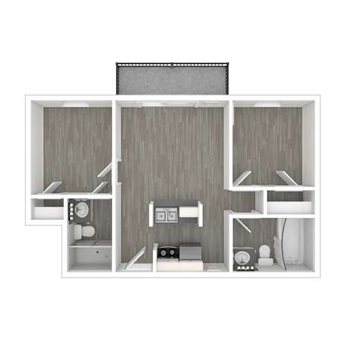 Floor Plan  A white dollhouse with a grey wood panel background and furniture and decor inside.