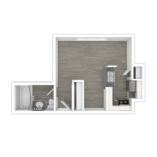 Floor Plan  the interior of a small apartment with furniture and a wooden