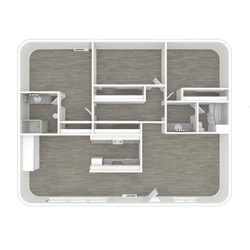 Floor Plan  A 3D floor plan of a house with a kitchen, living room, and two bedrooms.