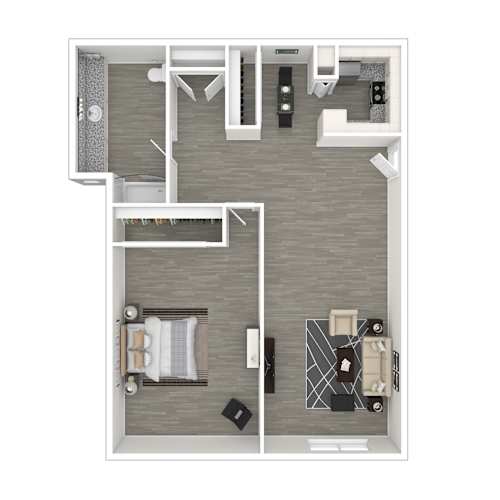 Floor Plan  A top-down view of a small apartment with a bedroom, living room, and kitchen.
