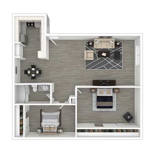 Floor Plan  A top-down view of a living room, kitchen, and bedroom in a house.