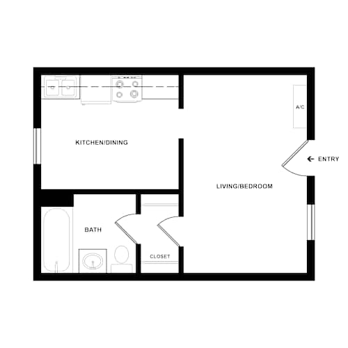 Floor Plan  A black and white image of a floor plan for a small apartment.