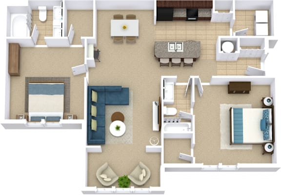 Floor Plan  Two bedroom floor plan with open concept layout at Ansley Place Apartments, Houma, LA 70360