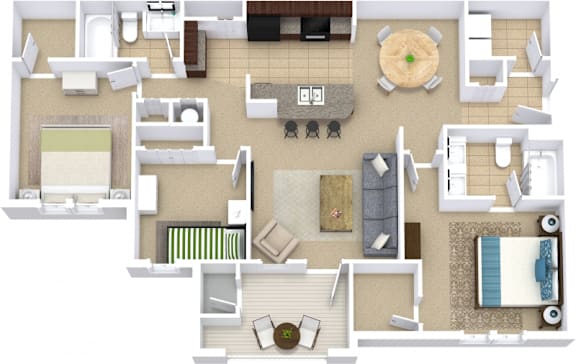 Floor Plan  Two bedroom apartment 3D floor plan layout at Ansley Place Apartments, Houma, Louisiana