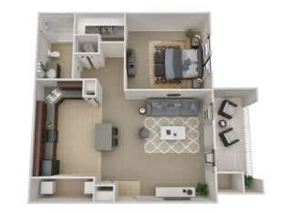 Floor Plan  A 3D floor plan of a small apartment with a living room, kitchen, and bathroom.