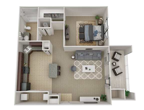 Floor Plan  A 3D floor plan of a small apartment with a living room, kitchen, and bedroom.