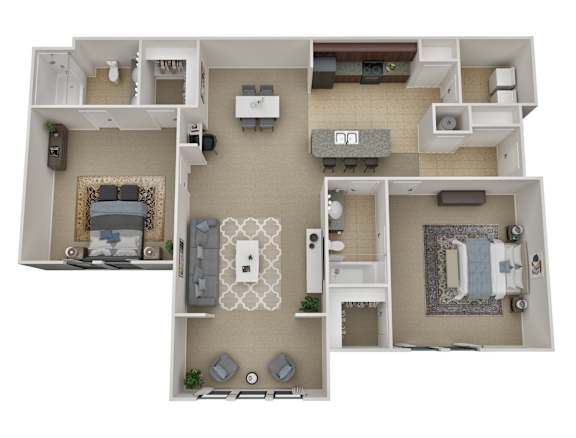 Floor Plan  A floor plan of a house with two bedrooms, a living room, a kitchen, and a bathroom.