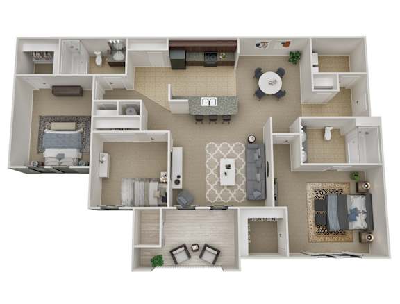 Floor Plan  A 3D floor plan of a house with a kitchen, living room, and bedrooms.