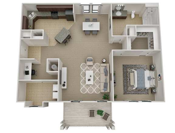 Floor Plan  A top-down view of a house layout with a living room, kitchen, dining room, and bathroom.