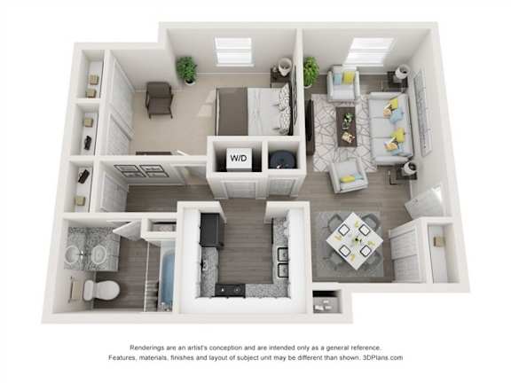 Floor Plan  A 3D floor plan of a small apartment with a kitchen, living room, and bathroom.