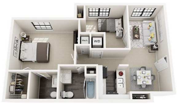 Floor Plan  A floor plan of a small apartment with a kitchen, living room, and bathroom.