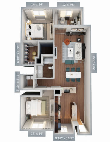 Floor Plan  A diagram of a small apartment with a bedroom, living room, and bathroom.