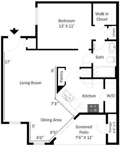 Floor Plan  2D floor plan of the Amelia one-bedroom apartment at Providence at Palm Harbor, showing the bedroom, open living and dining space, kitchen, bathroom, and closets.