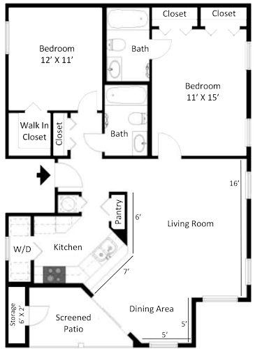 Floor Plan  2D floor plan of the Boca Grande two-bedroom, two-bathroom apartment at Providence at Palm Harbor, featuring an open living area, kitchen, two bedrooms, two bathrooms, and closets.