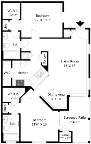 Floor Plan  2D floor plan of the Cape Florida two-bedroom, two-bathroom apartment at Providence at Palm Harbor, featuring an open living area, kitchen, two bedrooms, two bathrooms, and generous closet space.
