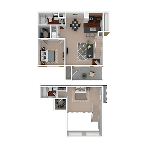 Floor Plan  3D furnished rendering of the B1 920-square-foot two-bedroom, two-bath loft apartment at Lincoln Shores Apartments.