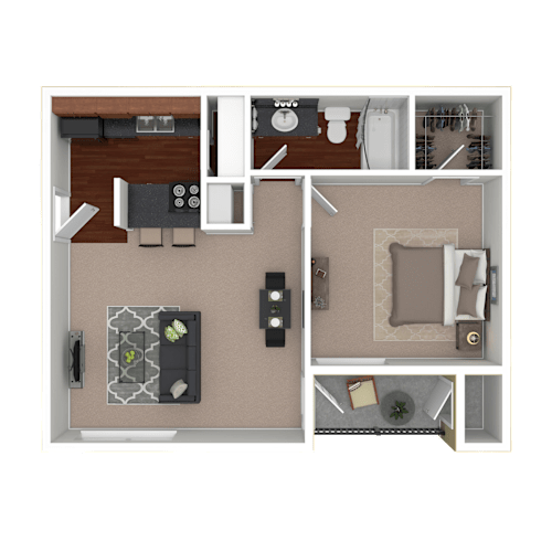 Floor Plan  3D furnished rendering of the A1 Lakeside 550-square-foot one-bedroom, one-bath apartment at Lincoln Shores Apartments.