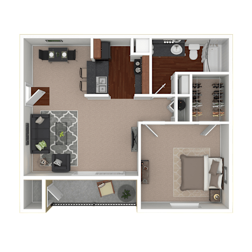 Floor Plan  3D furnished rendering of the A2 650-square-foot one-bedroom, one-bath apartment at Lincoln Shores Apartments.