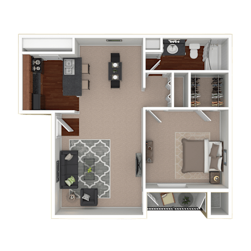 Floor Plan  3D furnished rendering of the A3 750-square-foot one-bedroom, one-bath apartment at Lincoln Shores Apartments.