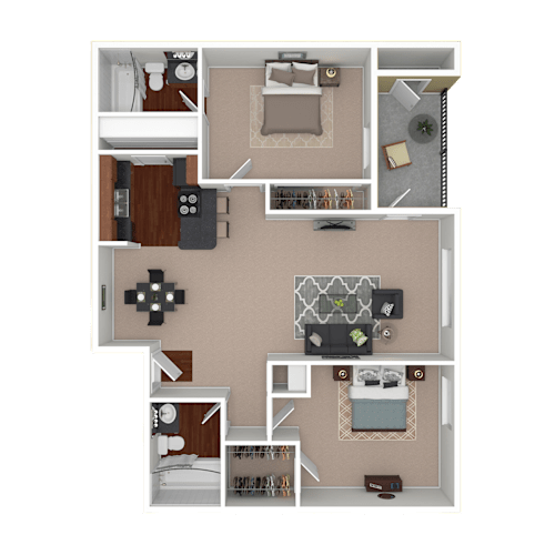 Floor Plan  3D furnished rendering of the B2 1,000-square-foot two-bedroom, two-bath apartment at Lincoln Shores Apartments.