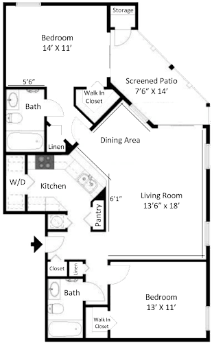 Floor Plan  2D floor plan of the St. Marks two-bedroom, two-bathroom apartment at Providence at Palm Harbor, showing the open living and dining area, kitchen, bedrooms, bathrooms, and closets.