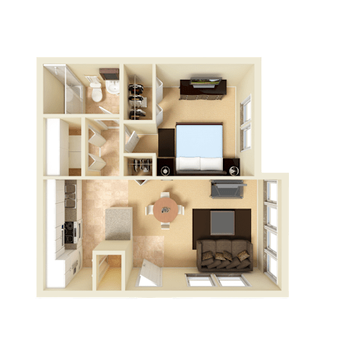 Floor Plan  3D furnished rendering of the A1 Cambridge 540-square-foot one-bedroom, one-bath apartment at Town Place Apartments.