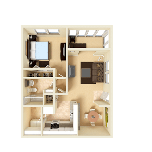 Floor Plan  3D furnished rendering of the A2 Newbury 720-square-foot one-bedroom, one-bath apartment at Town Place Apartments.